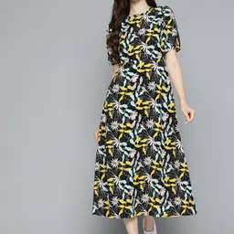ANJIR Women Floral Printed Puff Sleeve A-Line Midi Dress-image-22