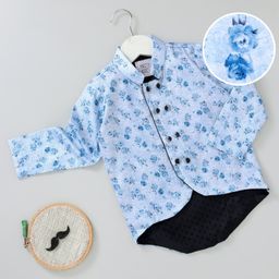 Knotty Kids Full Sleeves Flower Print Chinese Collar Neck Shirt - Blue-image-10