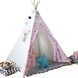 POLKA TOTS Portable Teepee Tents with Non-Slip Padded Mat Play Tent - Pink & White-21