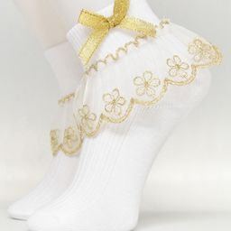 Flaunt Chic Lace Detailed Ankle 1 Pair Of Socks With Bow And Lace - Golden-image-70