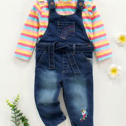Babyhug Denim Dungaree With Full Sleeves Inner Tee Stripes & Unicorn Print - Blue-image-68