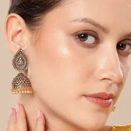 Anouk Gold-Plated Artificial Stones Studded And Beaded Dome Shaped Jhumkas-16