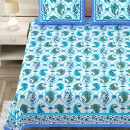 Aapno Rajasthan Green & White Ethnic Motifs 144 TC King Bedsheet with 2 Pillow Covers-image-92