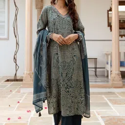Anouk Ethnic Motifs Printed Regular Mirror Work Cotton Silk Kurta & Palazzos & Dupatta image 5