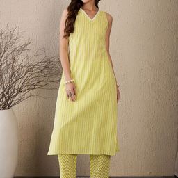 Indo Era Yellow Printed Straight Co-Ords Set-image-21
