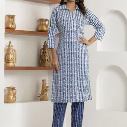 KANNAHI Ethnic Motifs Printed Shirt Collar Pure Cotton Straight Kurta With Trousers-picture-34