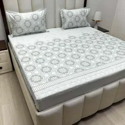 Pure Decor Blue & Grey Ethnic Motifs 250 TC Queen Bedsheet with 2 Pillow Covers-image-99