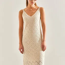 BIANCO LUCCI Women Cotton V-Neck Sheath Dress-image-54