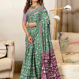 PEENGAX Floral Printed Pure Cotton Block Print Saree with Blouse Piece-4