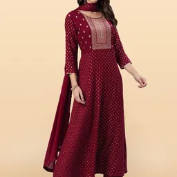 Anouk Rustic Geometric Printed Thread Work Panelled A-Line Kurta & Trousers With Dupatta image 2
