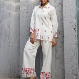 AUTUMN LANE Tridhara Misri Embroidered Pure Cotton Shirt With Trousers Co-Ords-image-23