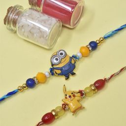 MEIRA JEWELLERY Kids Set Of 2 Artificial Beaded Minion & Pikachu Rakhi With Roli Chawal-image-3