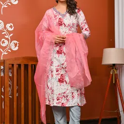 Anouk Floral Printed V-Neck Pure Cotton Thread Work A-Line Kurta With Trousers & Dupatta-picture-14