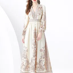 JC Collection Printed Mandarin Collar Cuffed Sleeves A-Line Maxi Dress-image-14