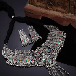 Shining Diva Silver-Plated Kundan-Studded & Beaded Oxidised Jewellery Set-image-31