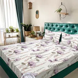 KLOTTHE White Floral Printed Fitted 300 TC Double King Bedsheet With 2 Pillow Covers-picture-13