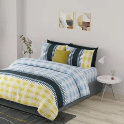 United Colors of Benetton Yellow & Blue Geometric 210 TC King Bedsheet with 2 Pillow Covers-image-90