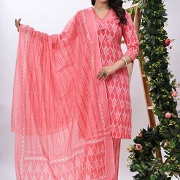 L.H HANDICRAFTS Women Floral Printed Regular Pure Cotton Kurta with Trousers & With Dupatta-image-22