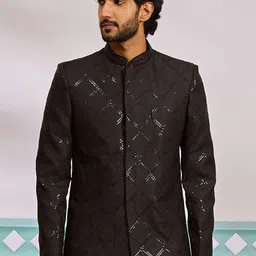 Vastramay Mandarin Collar Embroidered Sequined Bandhgala Blazer-image-49