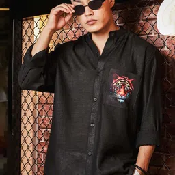 House of Koala Unisex Original Relaxed Fit Solid Band Collar Linen Casual Shirt-image-43