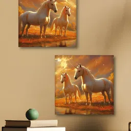 Aura Orange Colored & White 2 Pieces Horses Printed Canvas Wall Arts-image-98