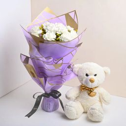 White Carnations Bouquet With Cute Teddy-image-16