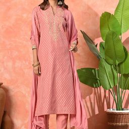 Sangria Floral Yoke Design Mandarin Collar Chanderi Silk Kurta With Trousers & Dupatta-image-97