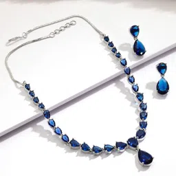 Rubans Rhodium Plated Sapphire & Cubic Zirconia Studded Jewellery Set-60