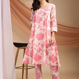 KALINI Floral Printed V-Neck Pure Cotton A-Line Kurta With Trousers-22