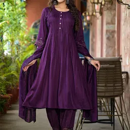 Juniper Panelled Mirror Work Detail Liva Anarkali Kurta with Trousers &Dupatta-image-17