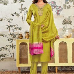 KALINI Ethnic Motifs Embroidered Straight Zardozi Kurta with Trousers & Dupatta-image-53