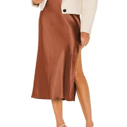 Outzidr Women Satin Straight Midi Skirt With Side Slit-image-61