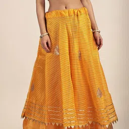 Exotic India Cotton Kota Doriya Leheriya Print Flared Maxi Skirt-picture-11