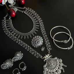 NAMAN ARTS Amisha Silver Plated Oxidised Jewellery Set-image-49