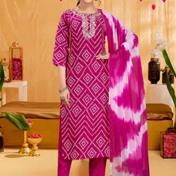 Vidusha Women Bandhani Printed Cotton Kurta with Trousers & Dupatta-image-98