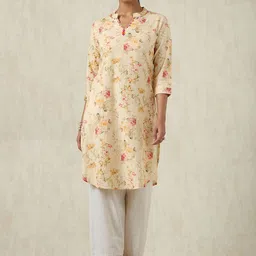 Soch Floral Printed Mandarin Collar Cotton Linen Straight Kurta-picture-58
