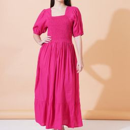 SAAKAA Women Square Neck Puff Sleeves Maxi Fit & Flare Dress-image-81