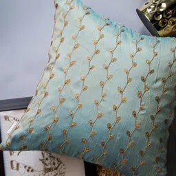 ALCOVE Sea Green & Gold Toned Floral Embroidered Silk Square Cushion Cover-55