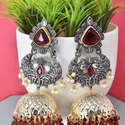 MEIRA JEWELLERY Silver Plated Artificial Stones Studded And Beaded Dome Oxidised Jhumkas-picture-43