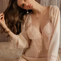 LULU & SKY Lace Detail Nightwear Robe With Waist Tie-image-83