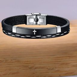 M Men Style Silver-Plated Stainless Steel Cross Leather Wraparound Bracelet-image-38