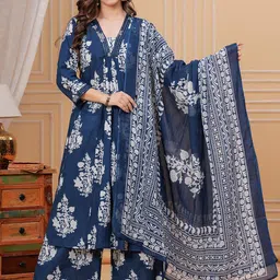 MEERA FAB Women Floral Printed Cotton Anarkali Kurta with Trousers & Dupatta-11