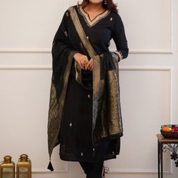 Moda Rapido Women Floral Embroidered Regular Chanderi Silk Kurta & Trousers With Dupatta-image-58