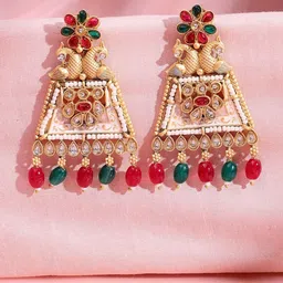ADIVA Gold-Plated Kundan Studded & Beaded Meenakari Peacock Shaped Drop Earrings-picture-0