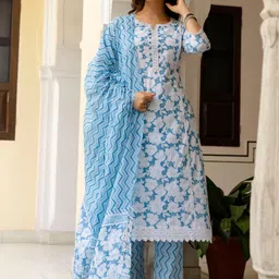 Anouk Floral Printed Notch Neck Regular Pure Cotton Kurta With Trousers & With Dupatta-7