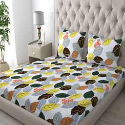 Aura White & Brown Floral 250 TC King Bedsheet with 2 Pillow Covers-image-44
