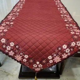 MONKDECOR Velvet Maroon & White Self Design Floral Printed Table Runner-13