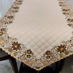 MONKDECOR Cream Colored Floral Printed Velvet Table Runner-19
