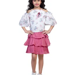 Nottie Planet Girls White & Purple Printed Top with Skirt-40