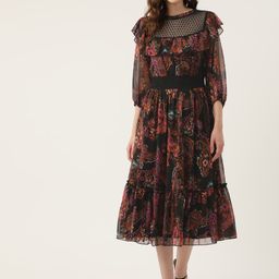 Antheaa Black Ethnic Print Smocked Chiffon Midi Fit & Flare Dress-image-13